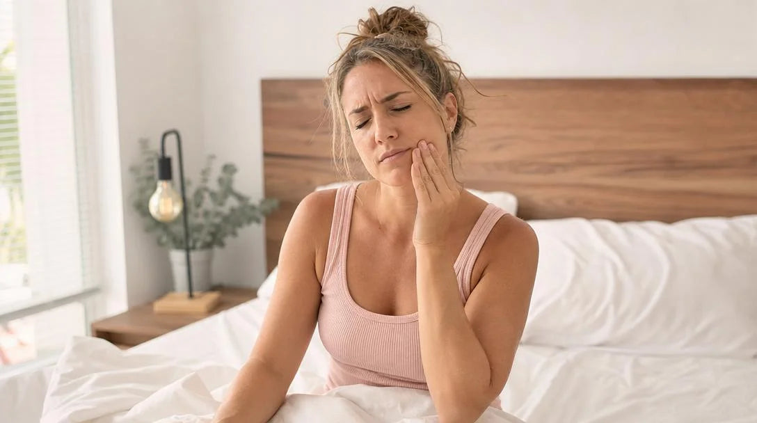 woman waking with jaw pain from teeth grinding bruxism Australia - NewSmile