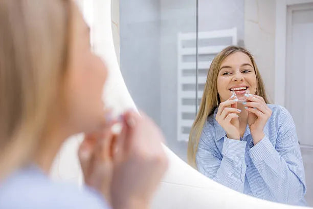 A woman putting her clear brace while looking into a bathroom mirror