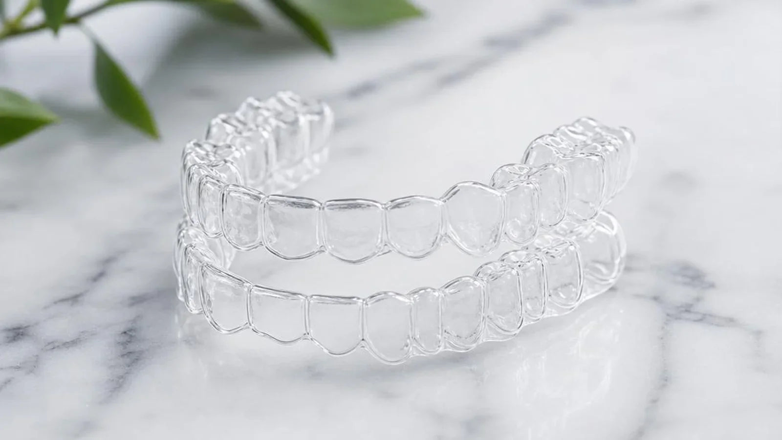 Clear retainer pair on marble – NewSmile Australia BPA-free custom dental retainer 2026 scan-based